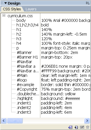 Snapshot of CSS Styles panel in Dreamweaver MX