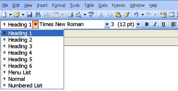 FrontPage text formatting 
toolbar, includes a dropdown list of heading styles. 